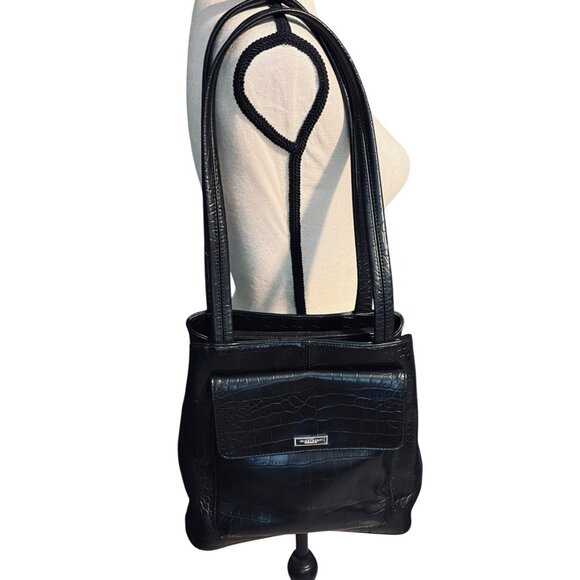 Nine West Chic Faux Croc Embossed Black Shoulder Bag - Snap/Zip Closure Storage - Picture 1 of 11